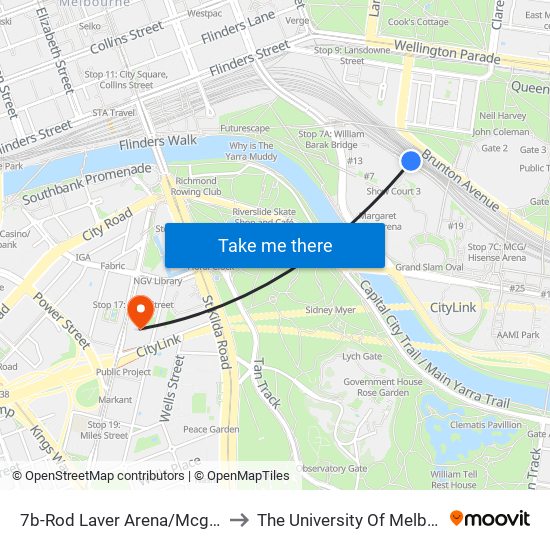 7b-Rod Laver Arena/Mcg Gates 1-3 (Melbourne City) to The University Of Melbourne Southbank Campus map