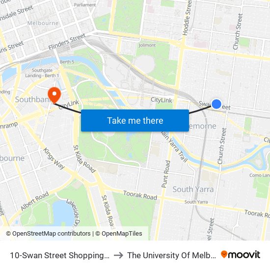 10-Swan Street Shopping Centre/Swan St (Richmond) to The University Of Melbourne Southbank Campus map
