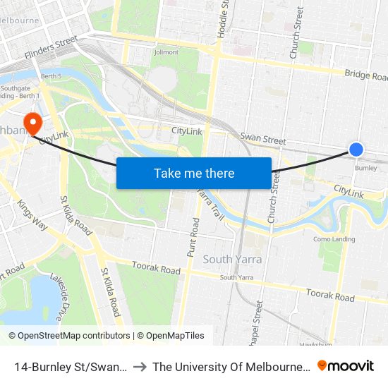 14-Burnley St/Swan St (Richmond) to The University Of Melbourne Southbank Campus map