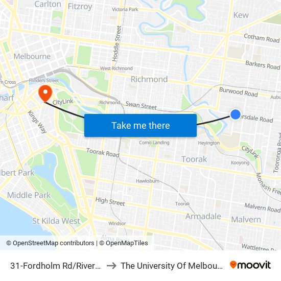 31-Fordholm Rd/Riversdale Rd (Hawthorn) to The University Of Melbourne Southbank Campus map