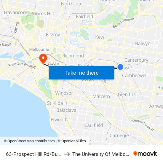 63-Prospect Hill Rd/Burke Rd (Hawthorn East) to The University Of Melbourne Southbank Campus map