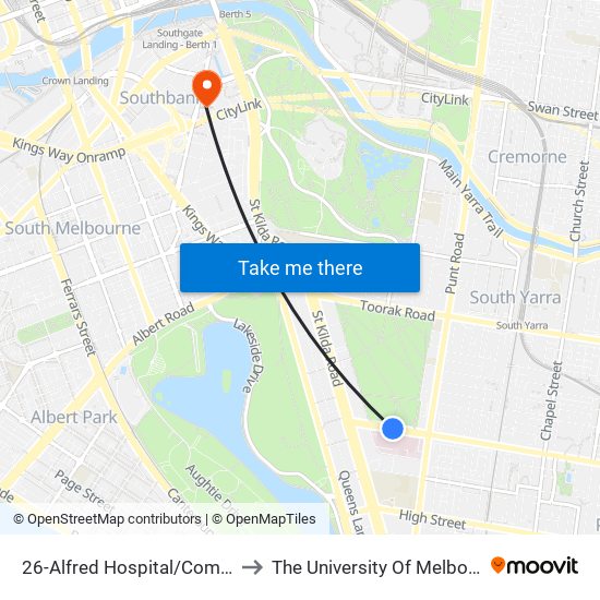 26-Alfred Hospital/Commercial Rd (South Yarra) to The University Of Melbourne Southbank Campus map