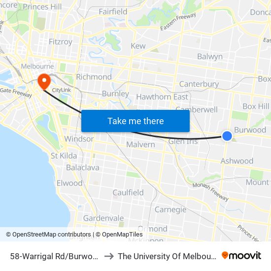 58-Warrigal Rd/Burwood Hwy (Camberwell) to The University Of Melbourne Southbank Campus map