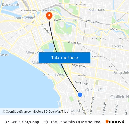37-Carlisle St/Chapel St (St Kilda) to The University Of Melbourne Southbank Campus map