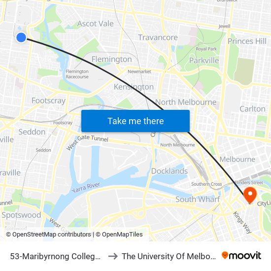 53-Maribyrnong College/River St (Maribyrnong) to The University Of Melbourne Southbank Campus map