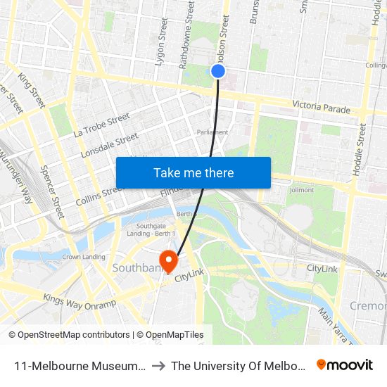 11-Melbourne Museum/Nicholson St (Fitzroy) to The University Of Melbourne Southbank Campus map