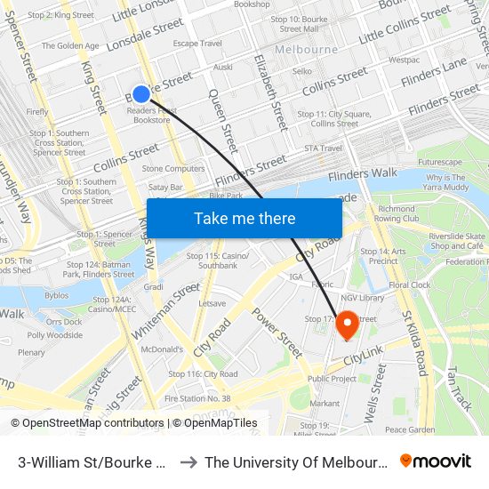 3-William St/Bourke St (Melbourne City) to The University Of Melbourne Southbank Campus map