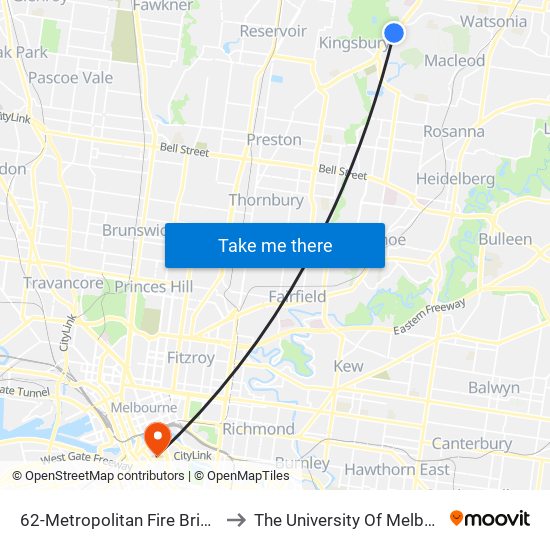 62-Metropolitan Fire Brigade/Plenty Rd (Bundoora) to The University Of Melbourne Southbank Campus map