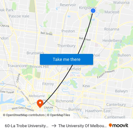 60-La Trobe University/Plenty Rd (Bundoora) to The University Of Melbourne Southbank Campus map