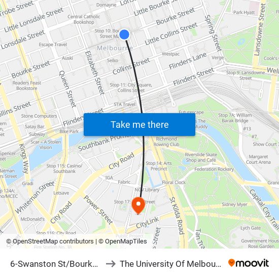 6-Swanston St/Bourke St (Melbourne City) to The University Of Melbourne Southbank Campus map