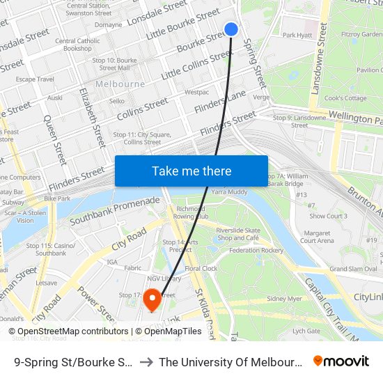 9-Spring St/Bourke St (Melbourne City) to The University Of Melbourne Southbank Campus map