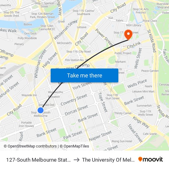 127-South Melbourne Station/Light Rail (South Melbourne) to The University Of Melbourne Southbank Campus map