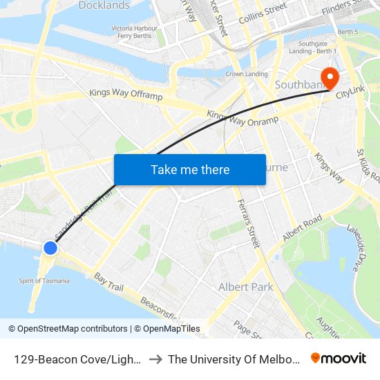 129-Beacon Cove/Light Rail (Port Melbourne) to The University Of Melbourne Southbank Campus map