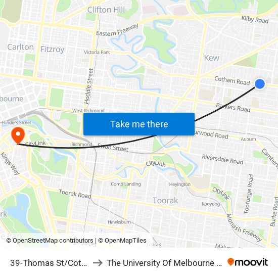 39-Thomas St/Cotham Rd (Kew) to The University Of Melbourne Southbank Campus map