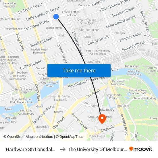 Hardware St/Lonsdale St (Melbourne City) to The University Of Melbourne Southbank Campus map