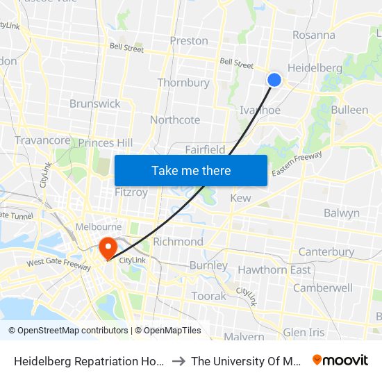 Heidelberg Repatriation Hospital/Edwin St (Heidelberg Heights) to The University Of Melbourne Southbank Campus map