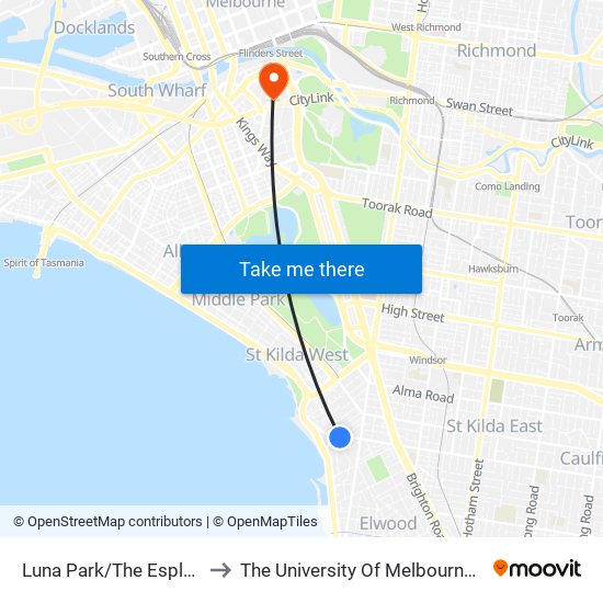Luna Park/The Esplanade (St Kilda) to The University Of Melbourne Southbank Campus map