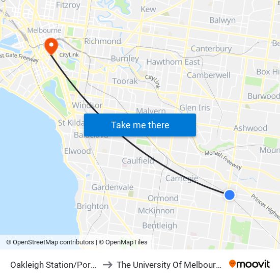 Oakleigh Station/Portman St (Oakleigh) to The University Of Melbourne Southbank Campus map