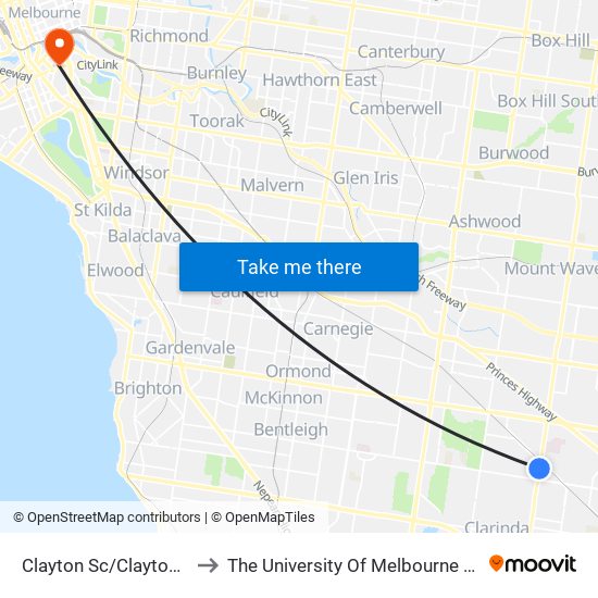Clayton Sc/Clayton Rd (Clayton) to The University Of Melbourne Southbank Campus map