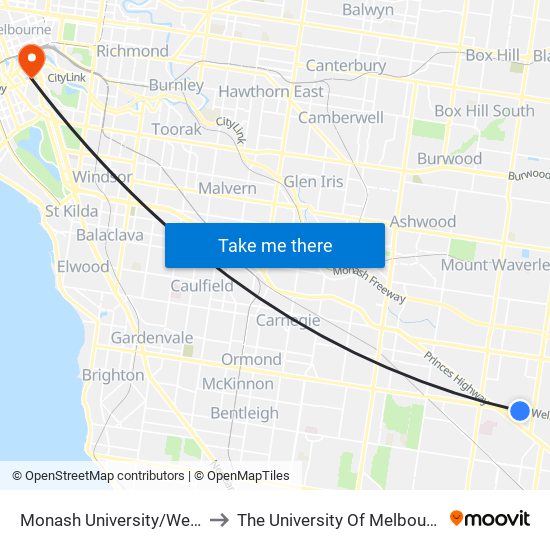 Monash University/Wellington Rd (Clayton) to The University Of Melbourne Southbank Campus map