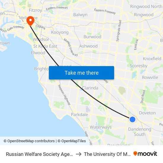 Russian Welfare Society Aged Home/Morwell Ave (Dandenong South) to The University Of Melbourne Southbank Campus map