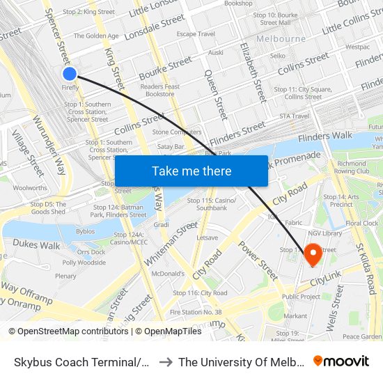 Skybus Coach Terminal/Spencer St (Melbourne City) to The University Of Melbourne Southbank Campus map