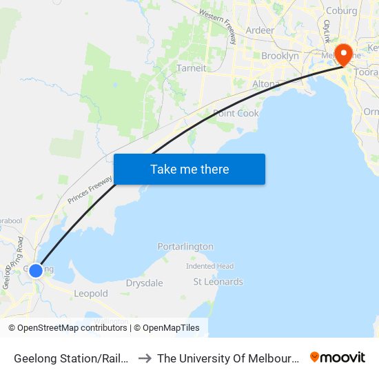 Geelong Station/Railway Tce (Geelong) to The University Of Melbourne Southbank Campus map