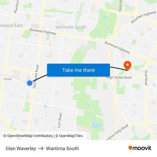 Glen Waverley to Wantirna South map