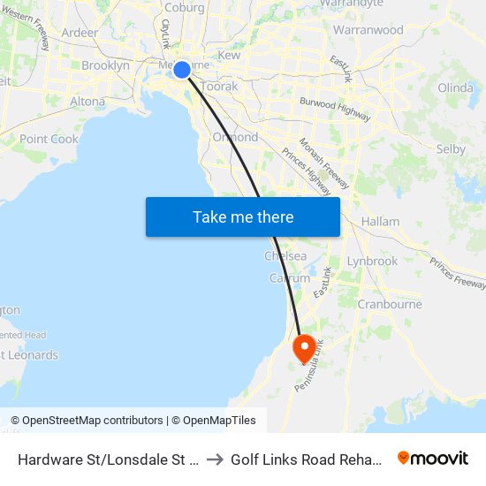 Hardware St/Lonsdale St (Melbourne City) to Golf Links Road Rehabilitation Centre map