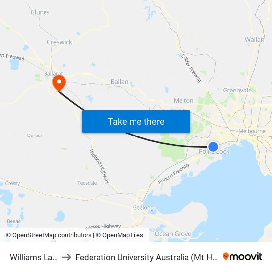 Williams Landing to Federation University Australia (Mt Helen Campus) map