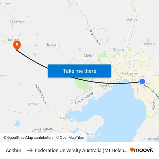 Ashburton to Federation University Australia (Mt Helen Campus) map