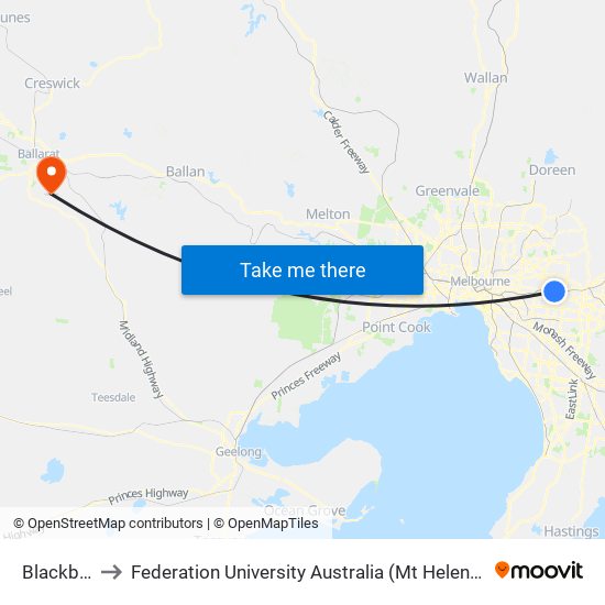 Blackburn to Federation University Australia (Mt Helen Campus) map