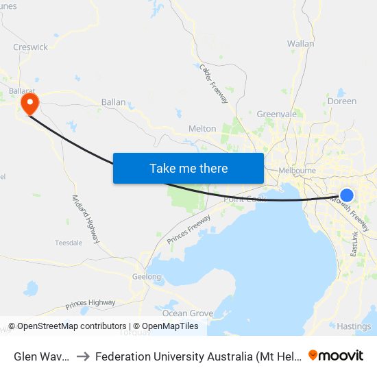 Glen Waverley to Federation University Australia (Mt Helen Campus) map