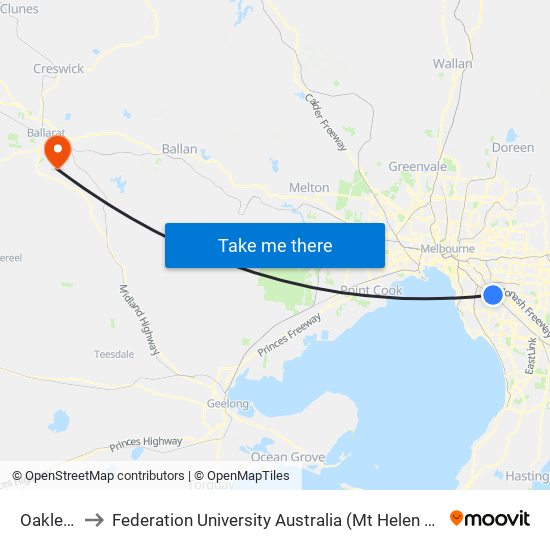 Oakleigh to Federation University Australia (Mt Helen Campus) map