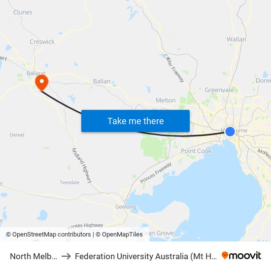 North Melbourne to Federation University Australia (Mt Helen Campus) map