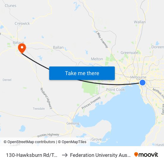 130-Hawksburn Rd/Toorak Rd (South Yarra) to Federation University Australia (Mt Helen Campus) map