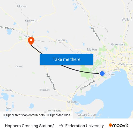 Hoppers Crossing Station/Old Geelong Rd (Hoppers Crossing) to Federation University Australia (Mt Helen Campus) map