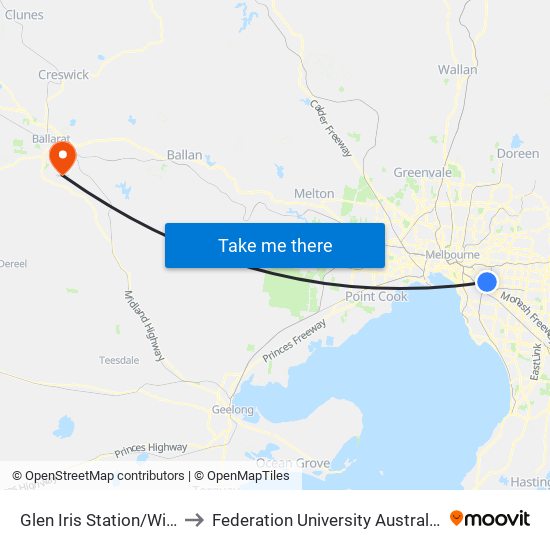 Glen Iris Station/Wills St (Glen Iris) to Federation University Australia (Mt Helen Campus) map