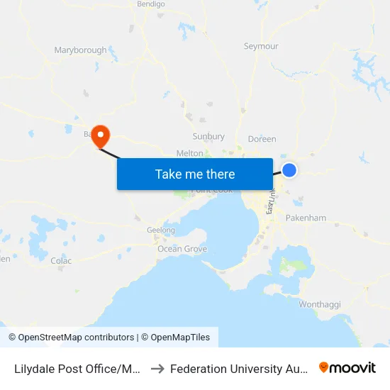 Lilydale Post Office/Maroondah Hwy to Federation University Australia (Mt Helen Campus) map
