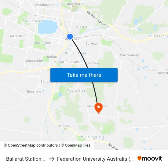Ballarat Station/Lydiard St to Federation University Australia (Mt Helen Campus) map