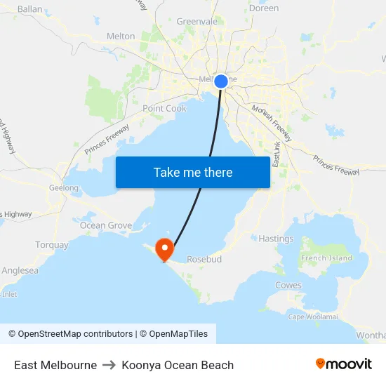 East Melbourne to Koonya Ocean Beach map