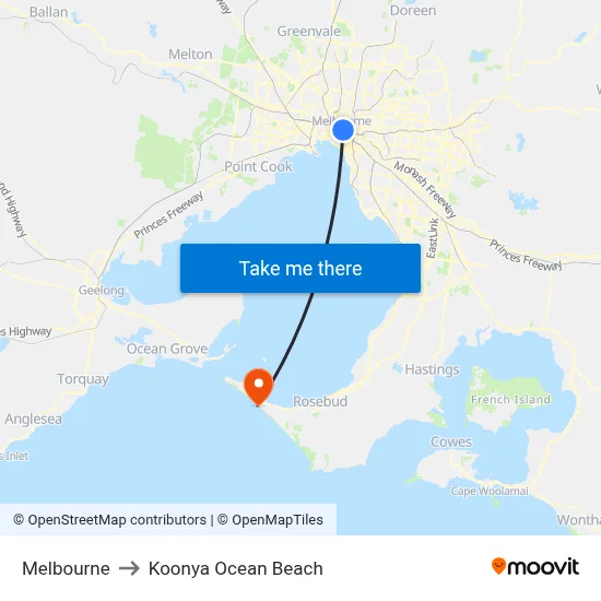 Melbourne to Koonya Ocean Beach map