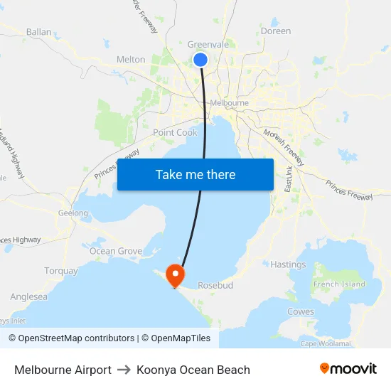 Melbourne Airport to Koonya Ocean Beach map