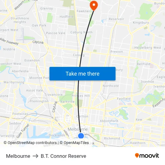 Melbourne to B.T. Connor Reserve map