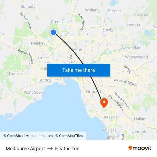 Melbourne Airport to Heatherton map