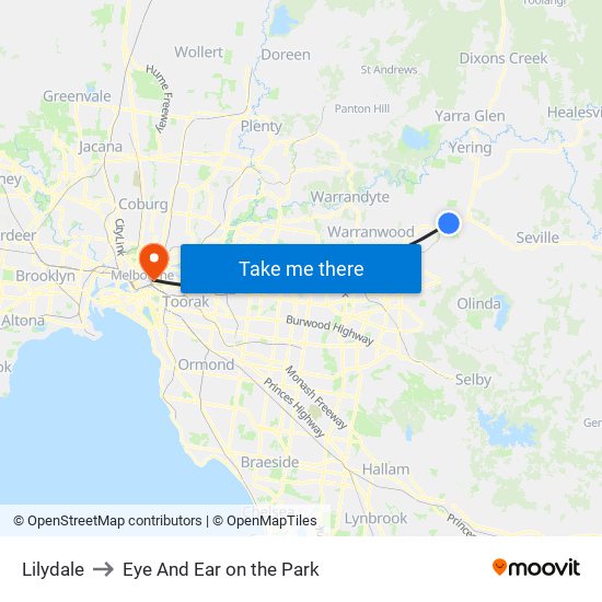 Lilydale to Eye And Ear on the Park map