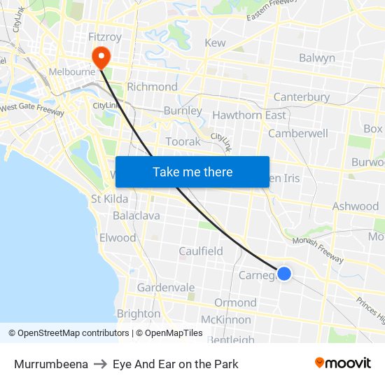 Murrumbeena to Eye And Ear on the Park map