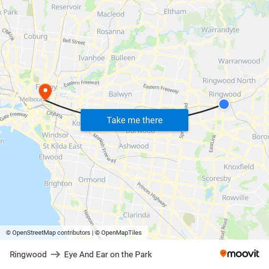 Ringwood to Eye And Ear on the Park map