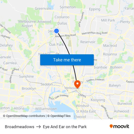 Broadmeadows to Eye And Ear on the Park map