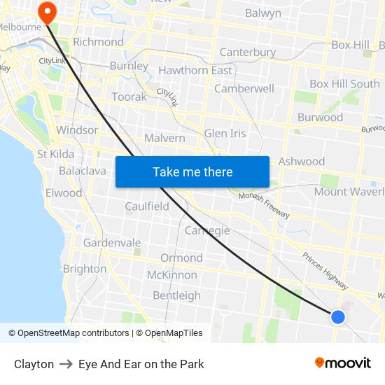 Clayton to Eye And Ear on the Park map